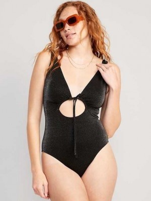 Old Navy Cutout-Front Metallic Shine One-Piece Swimsuit Black | WKF601785