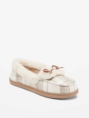 Old Navy Faux-Fur Trim Moccasin Slippers Neutral Plaid | DOL537268