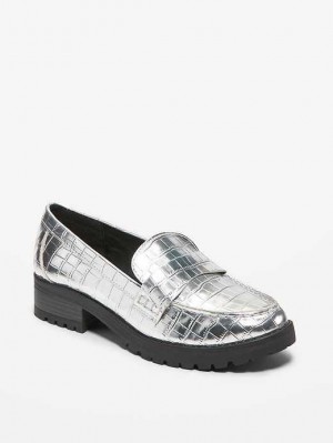 Old Navy Faux Leather Chunky Heel Loafers Silver | EIK815320