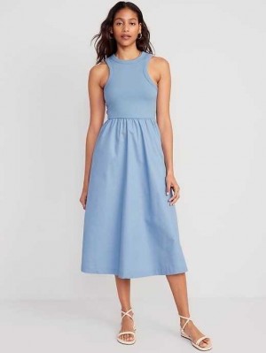 Old Navy Fit & Flare High-Neck Combination Midi Dress Blue | NGR894507