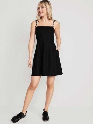 Old Navy Fit & Flare Tie-Strap Linen-Blend Mini Dress Black | FZJ630572