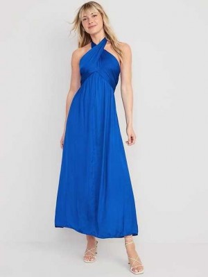 Old Navy Fit & Flare Wrap-Neck Satin Maxi Dress Blue | DCB258403