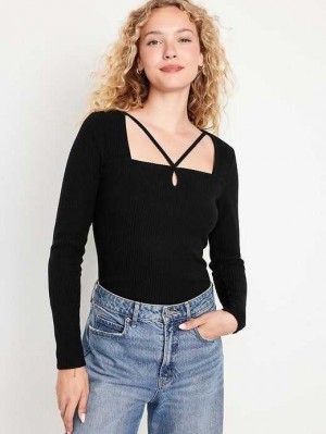 Old Navy Fitted Long-Sleeve Strappy Keyhole Top Black | OMT214506