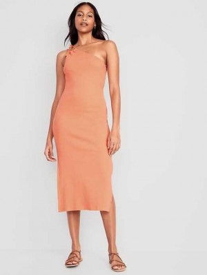 Old Navy Fitted One-Shoulder Double-Strap Rib-Knit Midi Dress Feeling Peachy | HDG381069