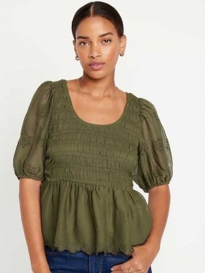 Old Navy Fitted Puff-Sleeve Smocked Chiffon Top Conifer | NIZ976128