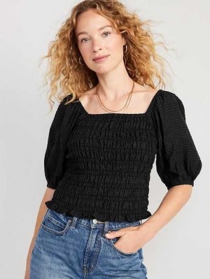 Old Navy Fitted Puff-Sleeve Smocked Top Black | AJS193275