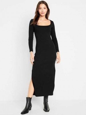 Old Navy Fitted Rib-Knit Square-Neck Midi Dress Blackjack | PSI415783