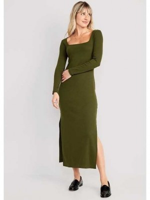 Old Navy Fitted Rib-Knit Square-Neck Midi Dress Conifer | FKS473856