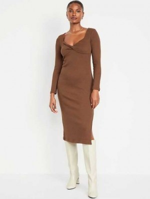 Old Navy Fitted Twist-Front Rib-Knit Midi Dress Espresso | JYS842916