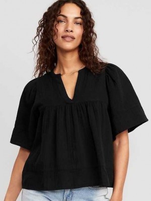 Old Navy Flutter-Sleeve Textured V-Neck Swing Top Black | OJQ301492