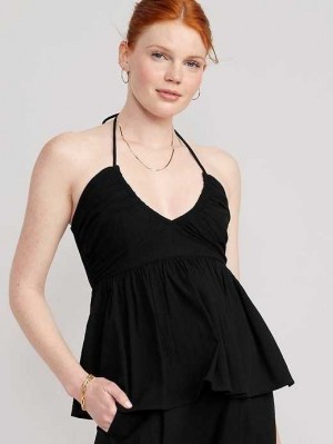 Old Navy Halter Keyhole-Front Smocked Babydoll Cami Top Black | ETU305249