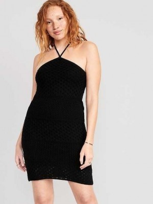 Old Navy Halter Tie-Strap Crochet Mini Dress Black | MFT839476