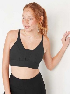 Old Navy Light Support PowerSoft Textured-Rib Sports Bra Black | MZO643902