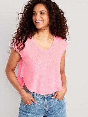 Old Navy Linen-Blend Cropped Voop-Neck T-Shirt Pink | UNE468153