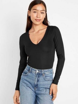 Old Navy Long-Sleeve Cropped V-Neck T-Shirt Black | RIZ724058