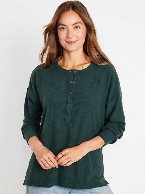 Old Navy Long Sleeve Oversized Boyfriend Henley Deep Green | NTI975861