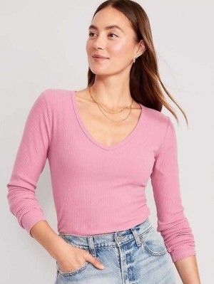 Old Navy Plush Long-Sleeve V-Neck T-Shirt Rose Gold | LYP804562