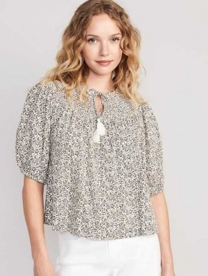 Old Navy Puff-Sleeve Tie-Front Embroidered Swing Top White | TMO763481