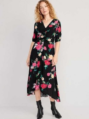 Old Navy Puff-Sleeve V-Neck Crepe Midi Dress Garden Of Secrets | PSE160452