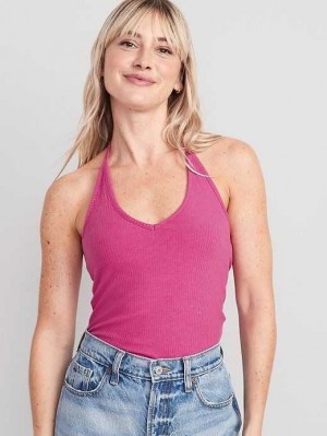 Old Navy Rib-Knit V-Neck Cropped Halter Top Dragonfruit | ZHA896135