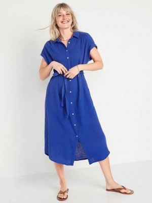 Old Navy Short-Sleeve Waist-Defined Midi Shirt Dress Blue | FBA274853