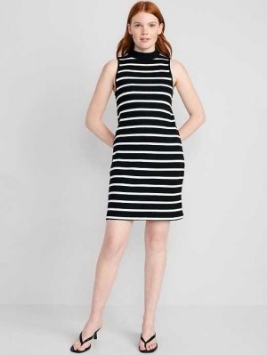 Old Navy Sleeveless Mock-Neck Striped Rib-Knit Mini Shift Dress Black / White Stripes | ZRU389261