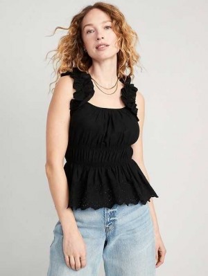 Old Navy Sleeveless Waist-Defined Ruffle-Trim Embroidered Babydoll Blouse Black | MVN348579