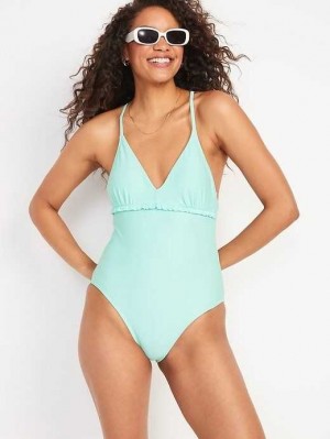 Old Navy V-Neck Ruffle-Trim Cutout One-Piece Swimsuit Icelandic Fjord | HKA243597