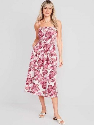 Old Navy Waist-Defined Floral Linen-Blend Smocked Midi Cami Dress Pink | BDI826419