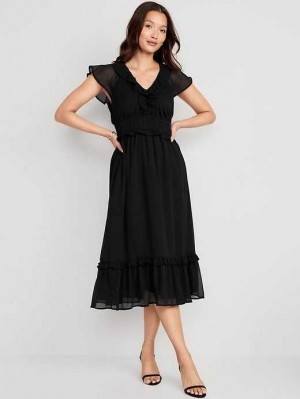 Old Navy Waist-Defined Flutter-Sleeve Midi Dress Blackjack | ERU465097