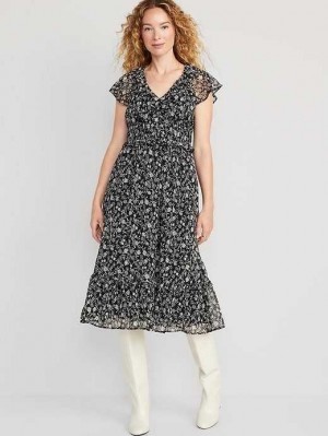 Old Navy Waist-Defined Flutter-Sleeve Midi Dress Black | VTU314072