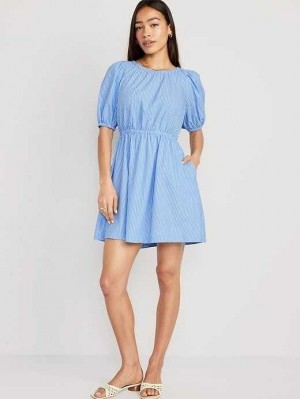 Old Navy Waist-Defined Puff-Sleeve Striped Cotton-Poplin Mini Dress Blue Stripes | KPD540623