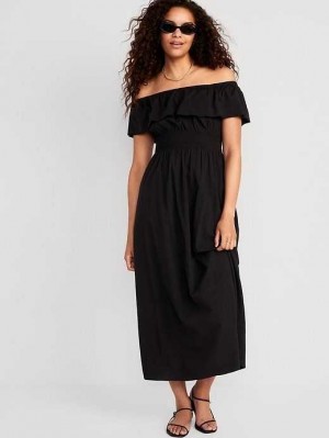 Old Navy Waist-Defined Ruffled Off-The-Shoulder Smocked Maxi Dress Blackjack | REH589624