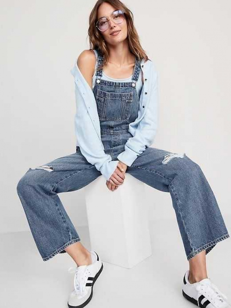 Old Navy Baggy Wide-Leg Non-Stretch Ripped Jean Overalls Wash | LEC891605