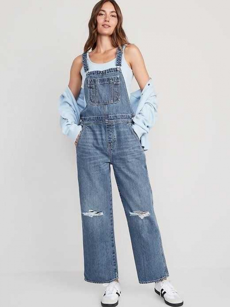 Old Navy Baggy Wide-Leg Non-Stretch Ripped Jean Overalls Wash | LEC891605