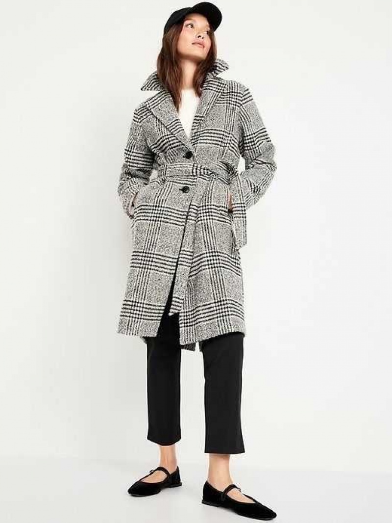 Old Navy Belted Plaid Overcoat Black | YGI670453