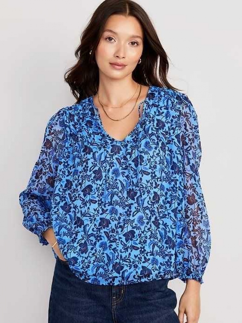 Old Navy Chiffon Smocked Poet Swing Blouse Blue | GUQ047152