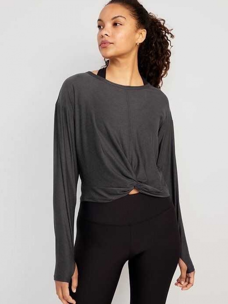 Old Navy Cloud 94 Soft Long-Sleeve Twist-Front Cropped Top Black | XUY602517