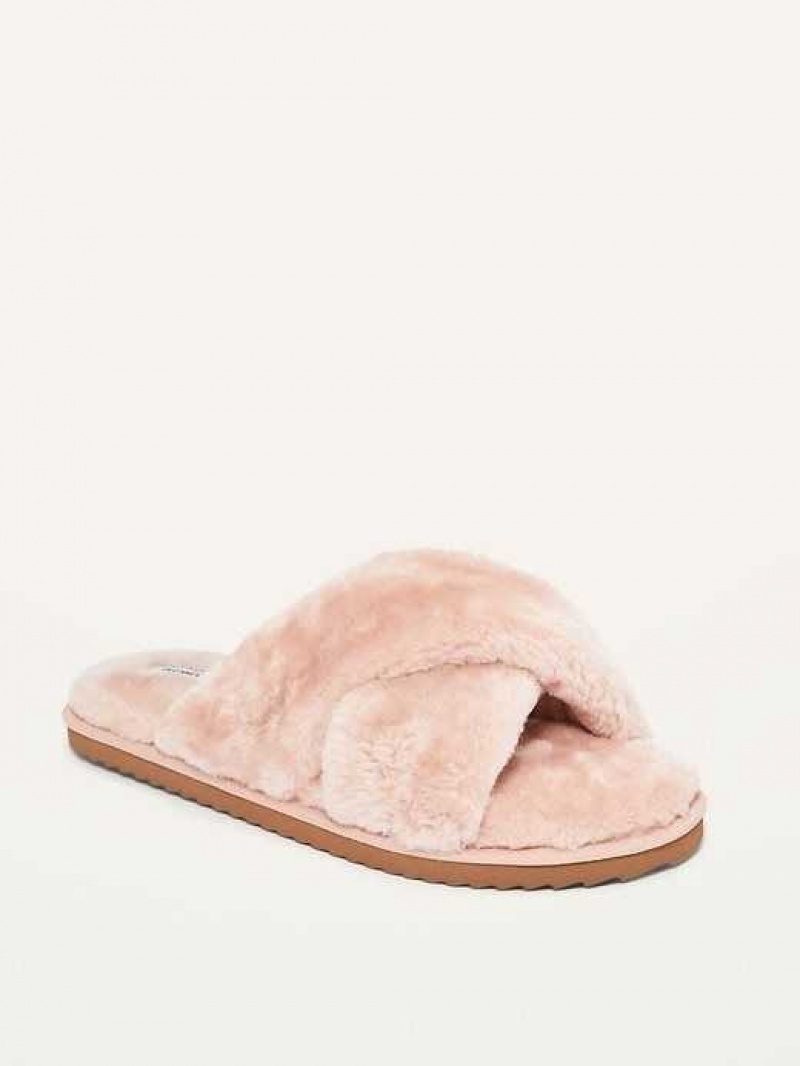 Old Navy Cozy Faux-Fur Cross-Strap Slippers Fleur De Sel | VMT876521