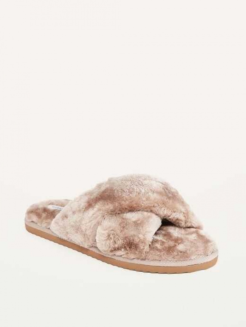 Old Navy Cozy Faux-Fur Cross-Strap Slippers Play Clay | LGB170634