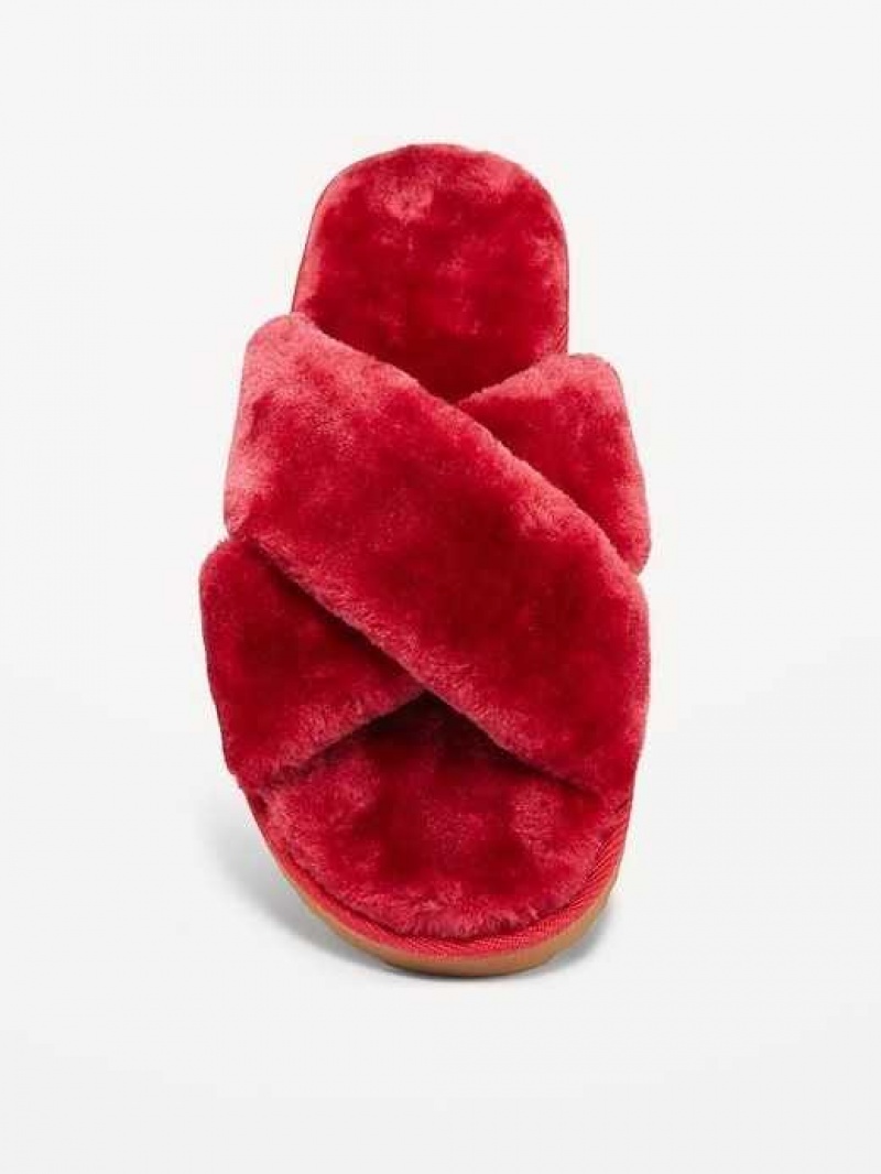 Old Navy Cozy Faux Fur Slide Slippers Red | ZKJ538042