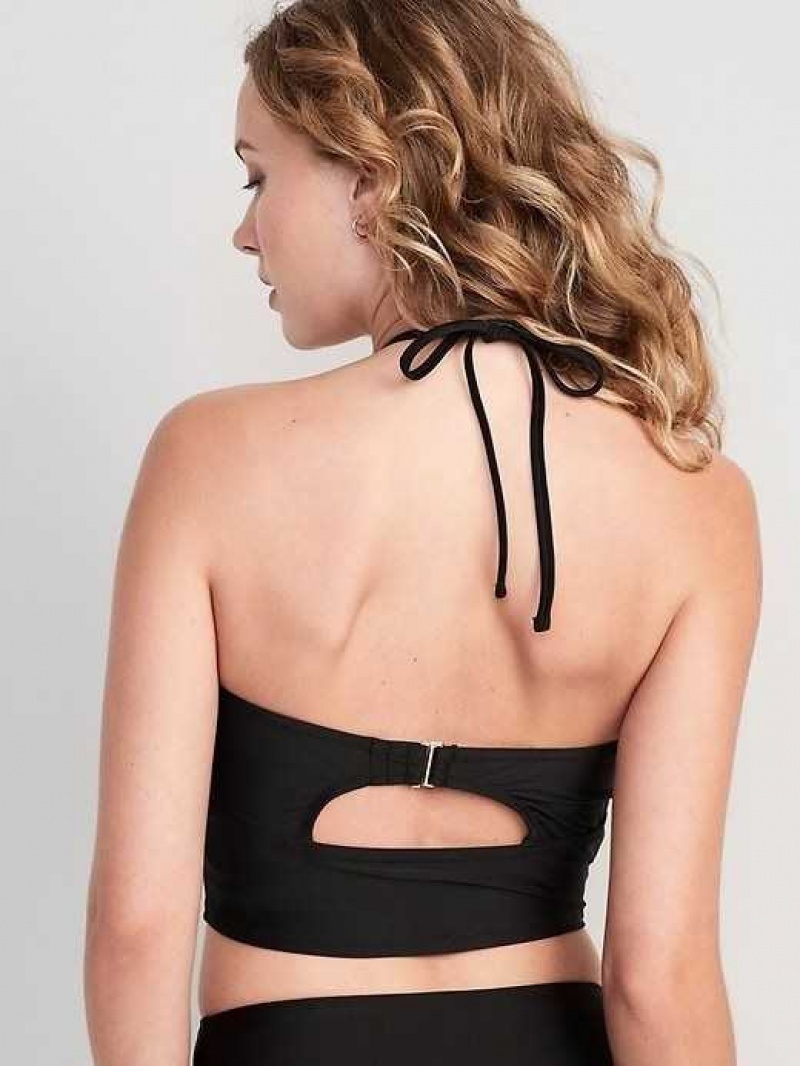 Old Navy Cropped Cutout Halter Longline Bikini Swim Top Black | YVF209536