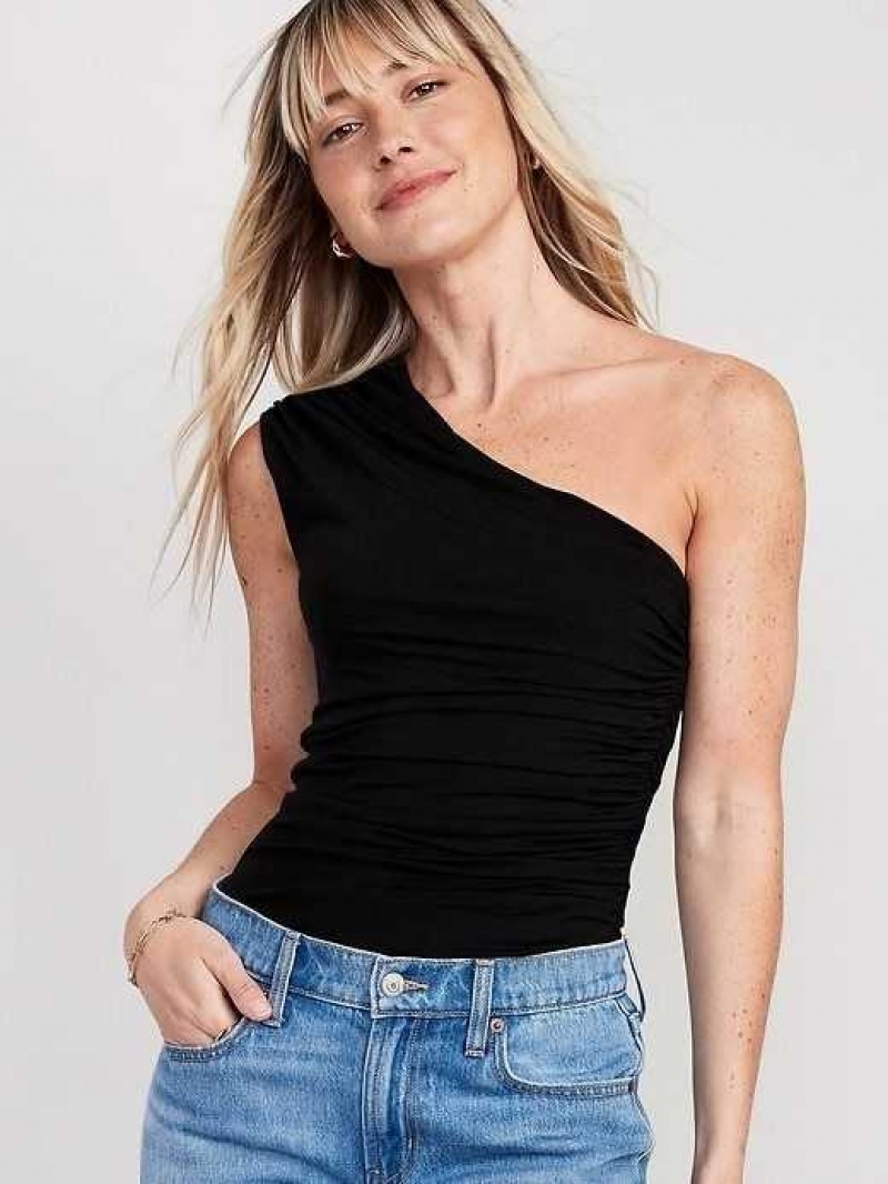 Old Navy Cropped Draped One-Shoulder Ruched Top Black | GOM697328