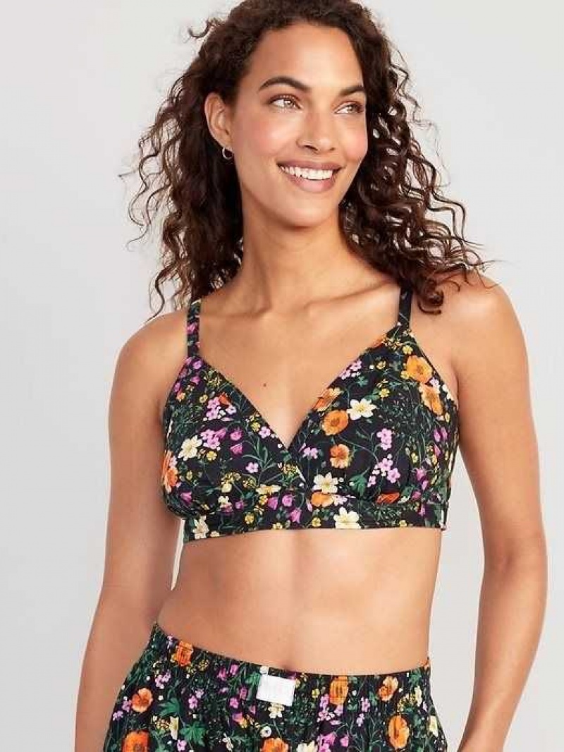 Old Navy Cross-Front Poplin Bralette Black Multicolor Flower | NXZ872915