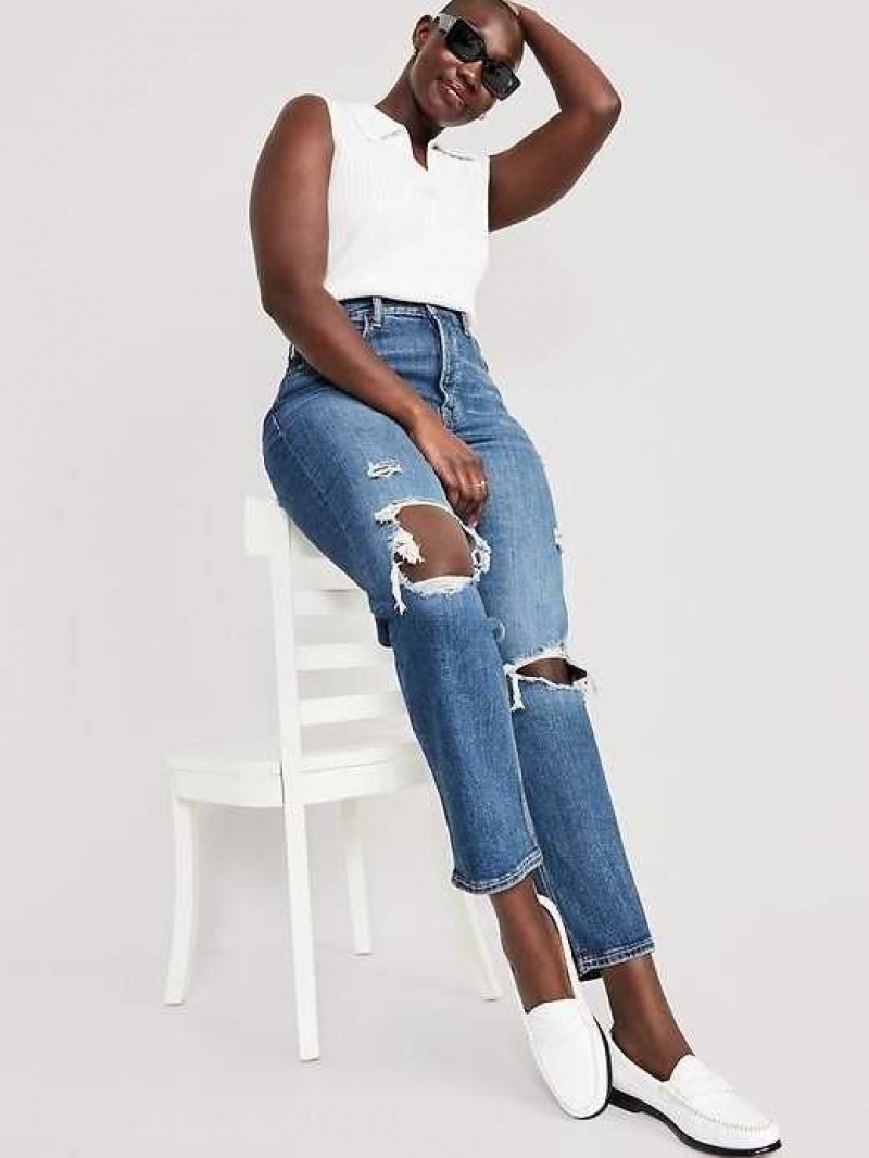 Old Navy Curvy Extra High-Waisted Sky-Hi Straight Button-Fly Ripped Jeans Saylor | AOC138762