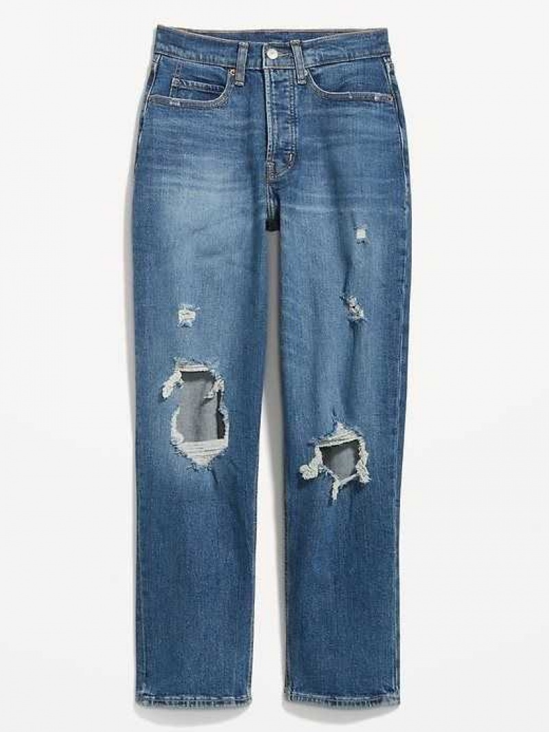 Old Navy Curvy Extra High-Waisted Sky-Hi Straight Button-Fly Ripped Jeans Saylor | AOC138762