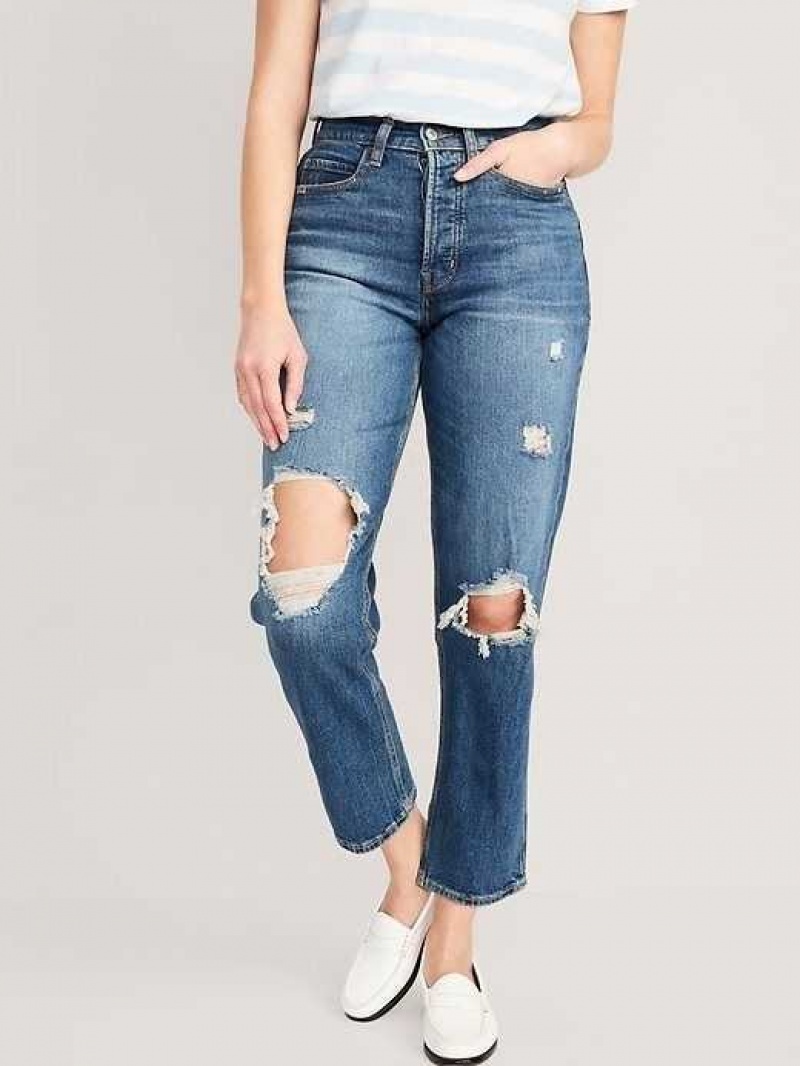 Old Navy Curvy Extra High-Waisted Sky-Hi Straight Button-Fly Ripped Jeans Saylor | AOC138762