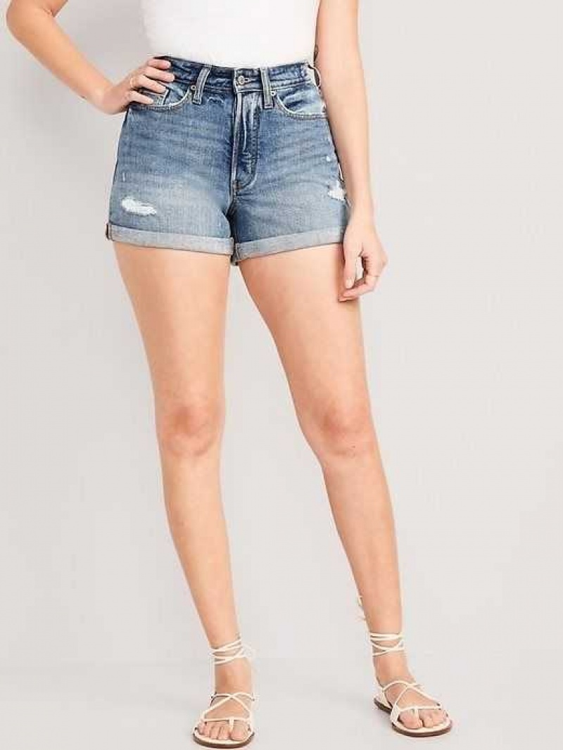 Old Navy Curvy High-Waisted Button-Fly OG Straight Ripped Jean Shorts Dahlia | ZLY014539