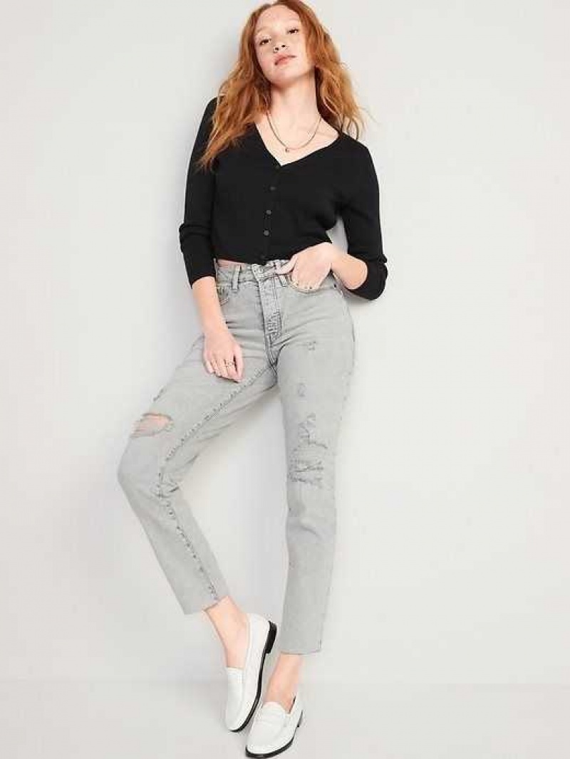 Old Navy Curvy High-Waisted Button-Fly OG Straight Ripped Gray Jeans Grey | THB586170