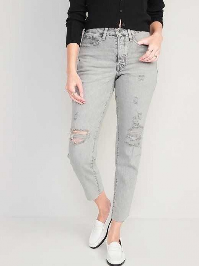 Old Navy Curvy High-Waisted Button-Fly OG Straight Ripped Gray Jeans Grey | THB586170